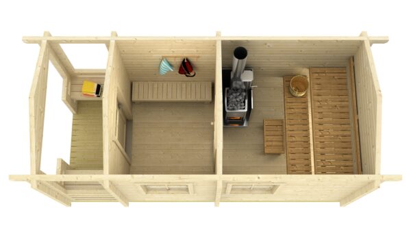 Oskar_3dplaan Pihasauna Oskari pukuhuoneella ja etuterassilla - Image 3