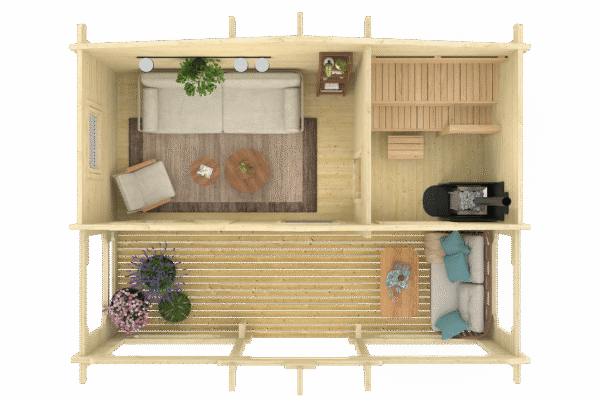 Kiuru_3dplan_2 Valmis pihasauna Kiuru pukuhuoneella ja etuterassilla - Image 3